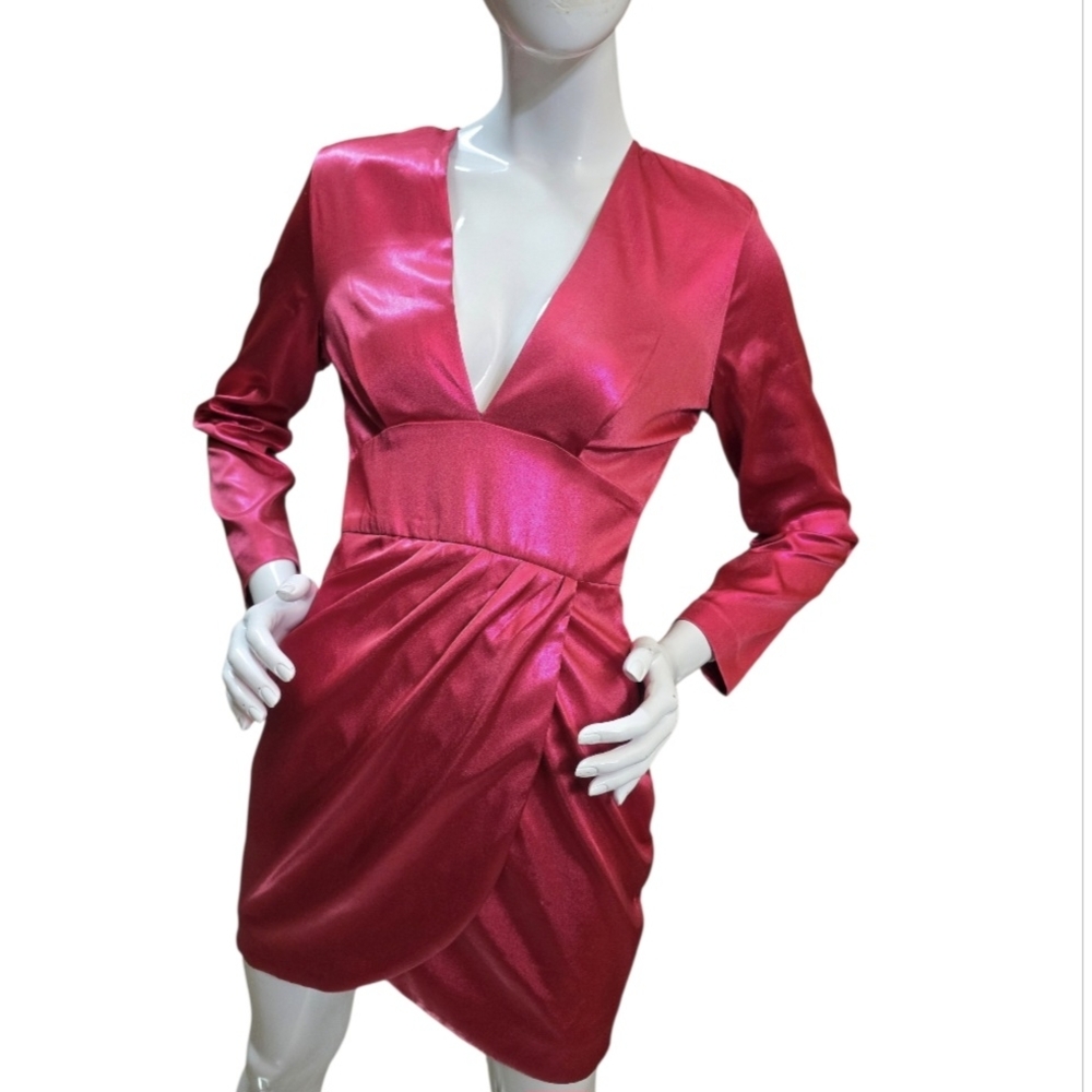 🏷️ BNWT - Zara Fuchsia Laminated Long Sleeve Mini Dress Sz XS